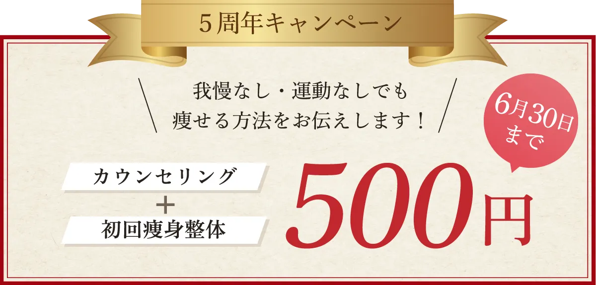 5周年キャンペーン!美容痩身整体xカウンセリング 500円