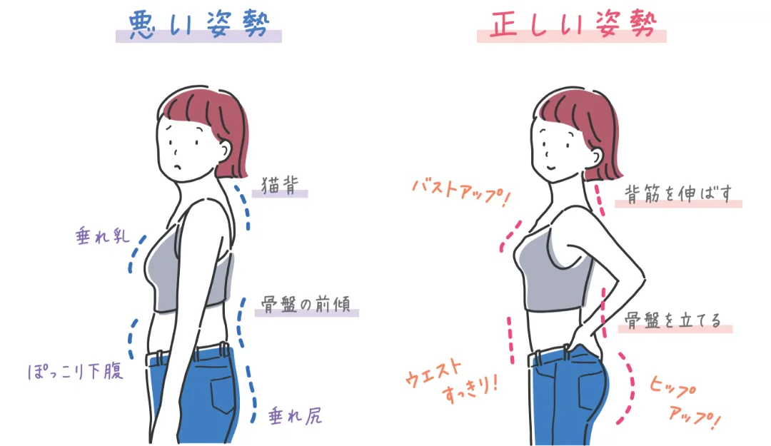 良い姿勢と悪い姿勢の比較図